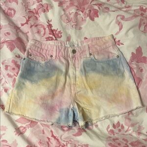 Francesca's Collections Pastel Pink, Blue & Yellow Tie-Dye Denim Shorts